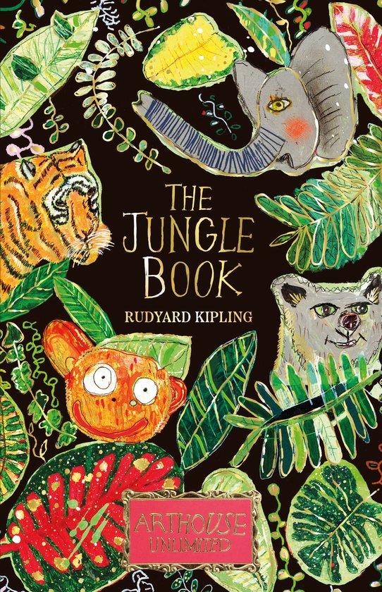Couverture du livre The Jungle Book de Rudyard Kipling avec des illustrations colorées d'un tigre, éléphant et singe.