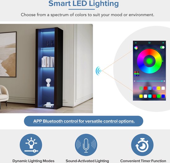 Sweiko Vitrine noire brillante avec éclairage LED, 3 compartiments en verre, 55*38*166 cm, vitrine, armoire sur pied, armoire haute, armoire de rangement