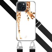 Hoesje met zwart koord - Geschikt voor iPhone 15 - Giraffe - Verstelbaar & verwisselbaar koord - TPU backcover - Bruin - Leuke Telefoonhoesjes