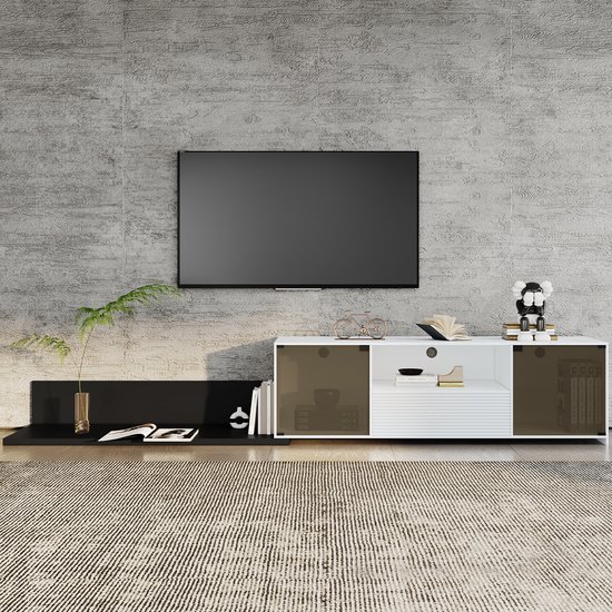 Sweiko Lange TV standaard, TV kast met LED-verlichting en schuifontwerp voor een 60-inch TV, marmeren geaderd tafelblad en elegant glazen ontwerp, Met 2-deuren, een lade en een open vak