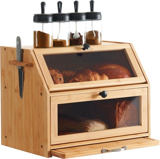 Broodtrommel met bamboe deksel en snijplank - Voor opslag van brood - Crèmekleurige