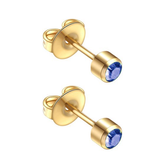 Caflon 4mm 24K gold plated oorknopjes voor oorschieter hypoallergeen steriel verpakt goudkleurig met blauwe saffierkleurige steen geboortesteen september