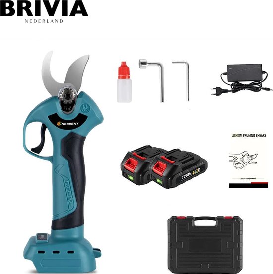 Brivia Elektrische Snoeischaar - 4 Tandwielen - Elektrische Schaar - Boomgaard - 30mm - Struik - Incl. 2 Accu's en Oplader - Inclusief Opbergbox - Voor Makita 18V Batterij