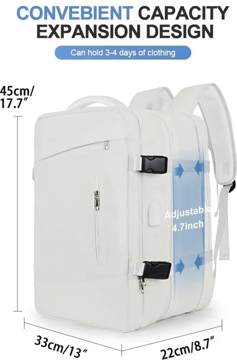 KOSMOS - Reistas - Rugzak - Handbagage - USB poort - Backpack - Waterafstotend - 55L - Wit