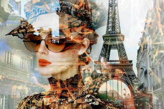 JJ-Art (Aluminium) 120x80 | Vrouw met bril in Parijs, Eiffeltoren, portret, kunst | mens, Frankrijk, bruin, grijs, rood, modern | foto-schilderij op dibond, metaal wanddecoratie