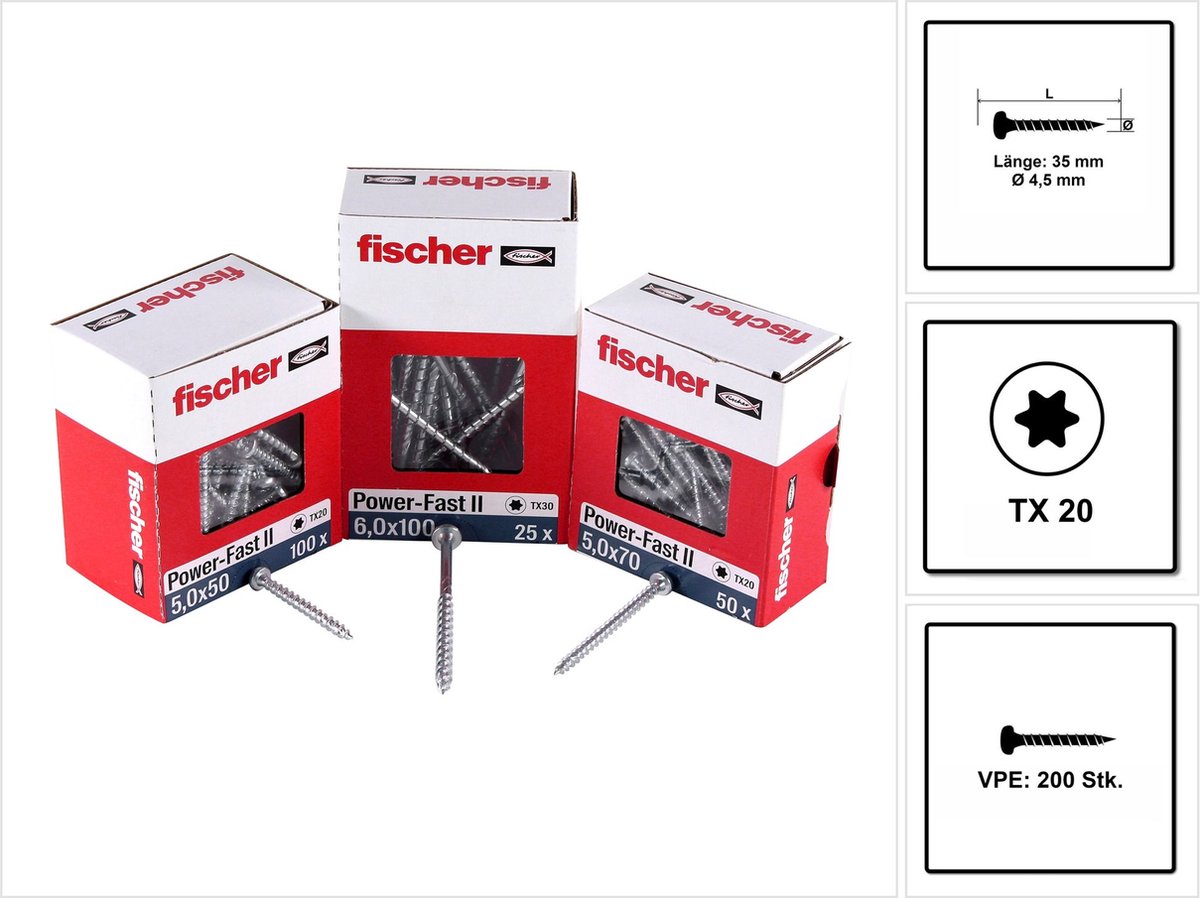 Fischer 200x Power-Fast II FPF II PTF 4,5 x 35 mm BC Pan Head met binnenzeskant TX20 volschroefdraad galvanisch verzinkt blauw gepassiveerd - 670331