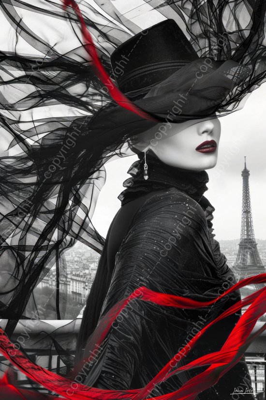 JJ-Art (Aluminium) 120x80 | Vrouw met hoed in Parijs, Eiffeltoren, rood lint, zwarte tule, kunst | mens, Frankrijk, zwart wit, modern | foto-schilderij op dibond, metaal wanddecoratie