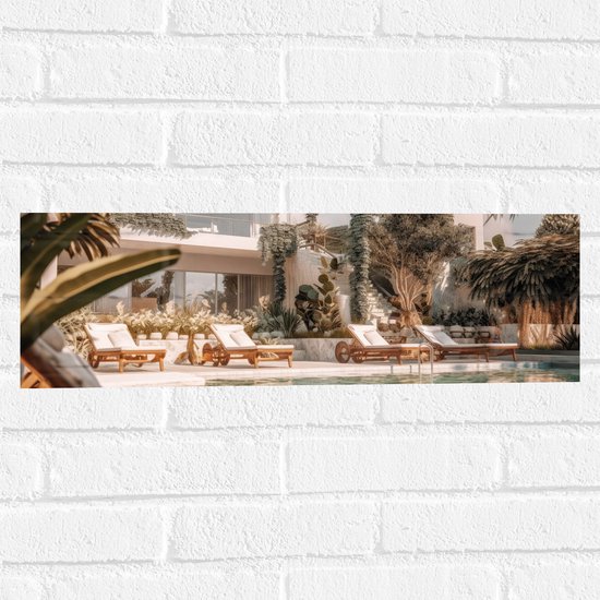 Muursticker - Hotel - Zwembad - Luxe - Lounge - Tropisch - Planten - 60x20 cm Foto op Muursticker