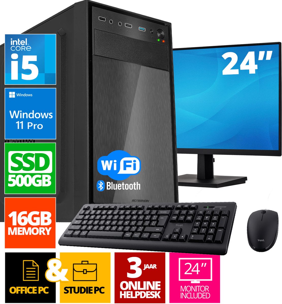 Intel Compleet PC SET | Intel Core i5 | 16 GB DDR4 | 500 GB SSD - NVMe + 24 Inch Monitor + Muis + Toetsenbord | Windows 11 Pro + WiFi & Bluetooth