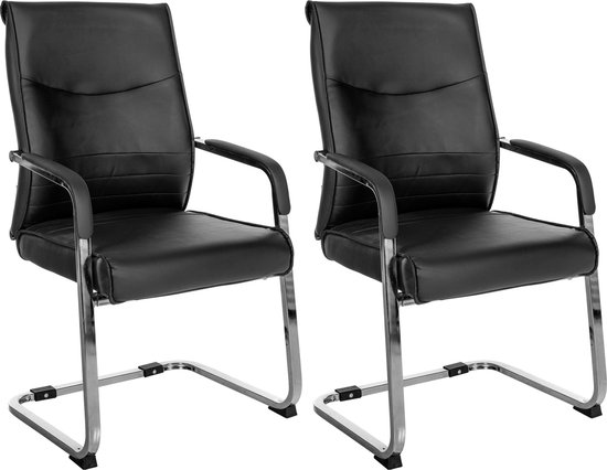 CLP Hobart Set van 2 Eetkamerstoelen - Bezoekersstoelen - Met armleuning - Verchroomd frame - zwart Kunstleer