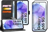 Hoesje geschikt voor Samsung Galaxy A55 - Screenprotector Volledig Dekkend Glas - Portemonnee Book Case Zwart