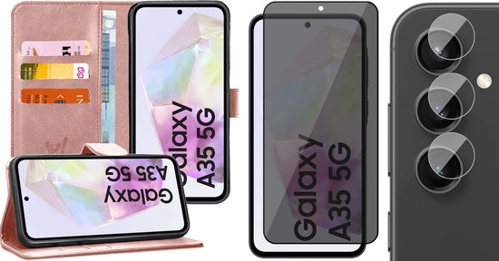 Hoesje geschikt voor Samsung Galaxy A35 - Privacy Screenprotector Volledig Dekkend Glas & Camera - Portemonnee Book Case Rosegoud