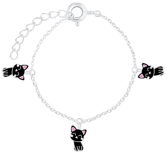Joy|S - Zilveren kat poes bedel armband - 14 cm + 3 cm - 3 bedels - zwart met roze oortjes - voor kinderen