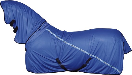 Donkerblauwe vliegendeken met nekstuk, merk Harry's Horse. Met rasterpatroon op de band over de rug.
