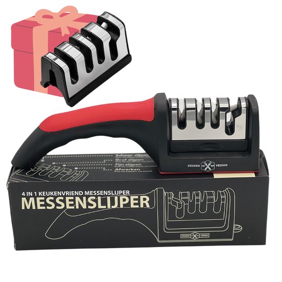 Keukenvriend © - 4-1 Messenslijper - TIJDELIJK 1 extra Slijpkop cadeau bij uw bestelling! - knife sharpener - 4in1 Professionele Messenslijper – Doortrekslijper – Anti Slip – Schaarslijper - Keuken messenslijper - Scherpe messen