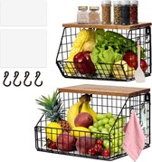 Set van 2 hangende fruitmanden, keukenorganizer, fruitschaal, hangende keukenmand, muurfruitmand met houten deksel, fruit- en groentemand voor op het aanrecht, uien- en aardappelsnack