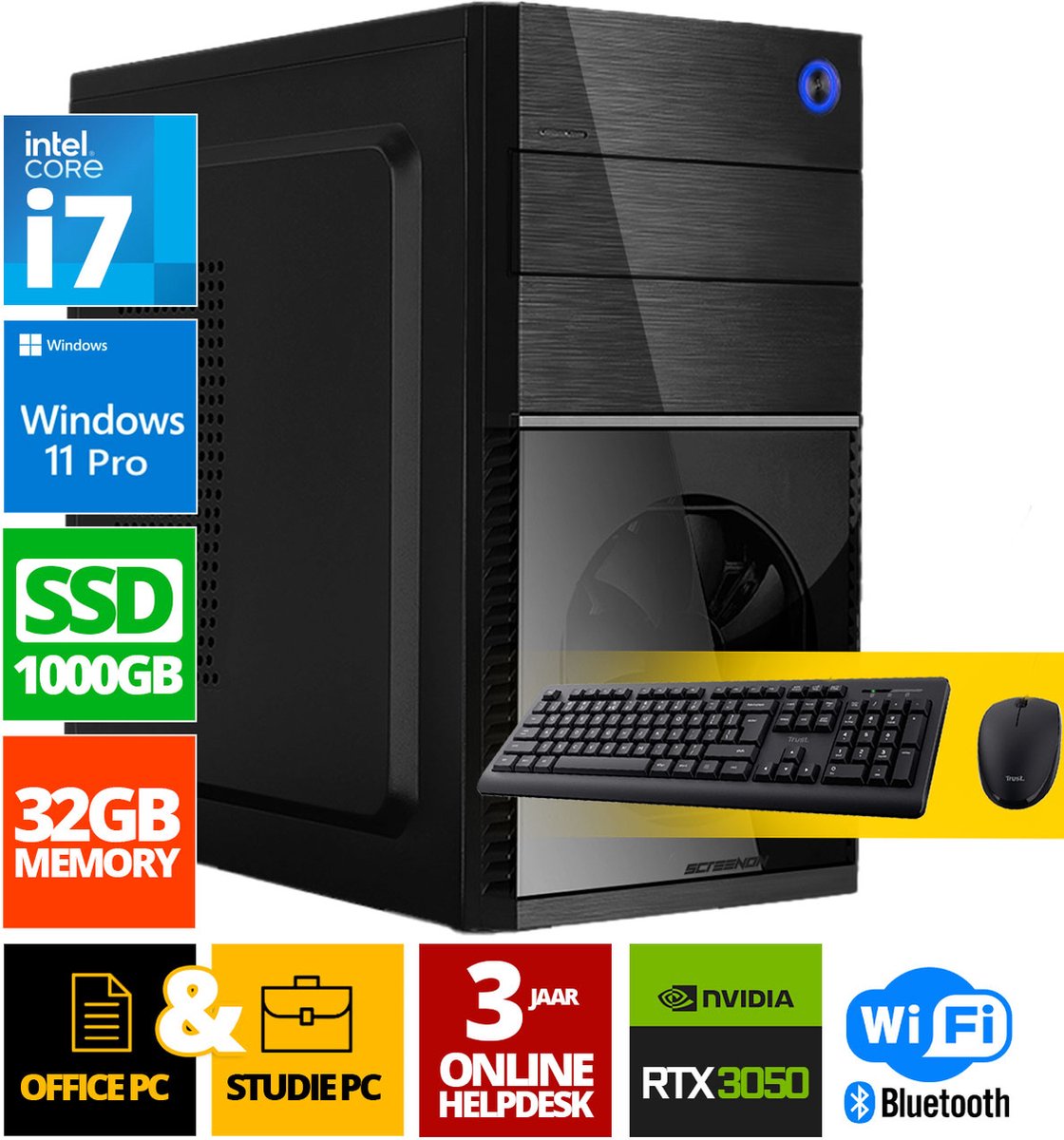 Intel Compleet PC + Muis & Toetsenbord | Intel Core i7 | 32 GB DDR4 | 1 TB SSD | RTX 3050 | Windows 11 Pro + WiFi & Bluetooth