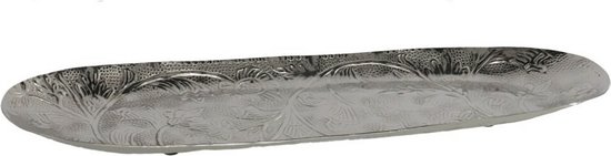 Kaarsen plateau met rand en reliefwerk - ovaal/bladvorm - metaal - zilver - 49 x 16 cm