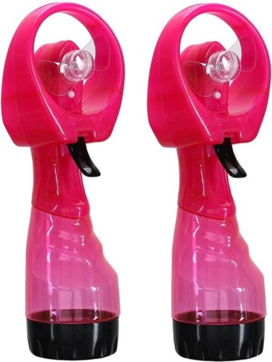 2x Waterspray ventilator roze 27 cm met waterverstuiving, batterijventilator voor tuin en strand