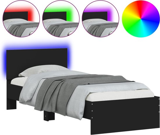 vidaXL - Bedframe - met - hoofdbord - en - LED-verlichting - zwart - 75x190 - cm