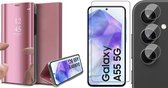 Hoesje geschikt voor Samsung Galaxy A55 - Screenprotector Glas & Camera - Spiegel Book Case Rosegoud