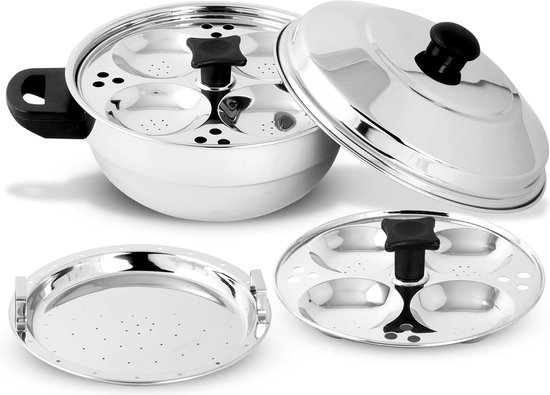 Vinod Roestvrijstalen Idli en Dhokla Cooker Multifunctionele Stoomboot Pot met 4 Idli en 4 Dhokla Platen Inductie en Gas Compatibel Grote Maat 8 Platen 2 Jaar