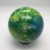 Bowling Bowlingbal AMF ' Extreme yellow green blue' , polyester bal, 8 p , Ongeboord, zonder gaten, met 2 graveringen die wit zijn ingekleud