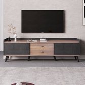 Sweiko TV kast met twee laden, TV tafelSweiko TV bord, TV lowboard laag top met twee schuifdeuren. Prachtige textuur. Zwarte en natuurlijke houtverf. H58/L160/T40 cm