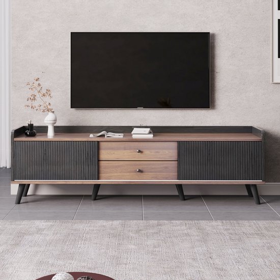 Sweiko TV kast met twee laden, TV tafelSweiko TV bord, TV lowboard laag top met twee schuifdeuren. Prachtige textuur. Zwarte en natuurlijke houtverf. H58/L160/T40 cm