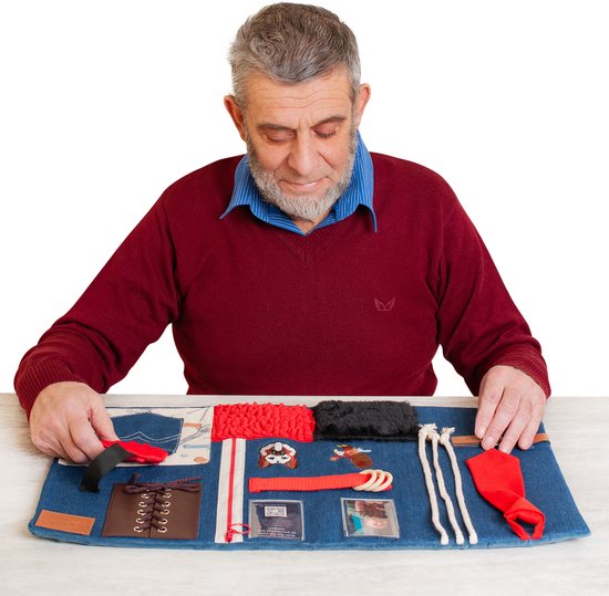 Fidget Deken voor Dementie - Kalmerende & Comfortabele Sensorische Deken - Friemel Activiteiten voor Senioren met Alzheimer, Dementie en Onrust - Ideaal Dementie Product voor Ouderen - Donker Blauw - 60x35 cm