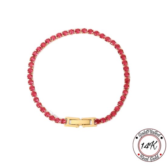 Borasi Tennis Armband Magenta | 14K Goldplated | Zirkonia | 17 cm | Tennis Armbanden | Goud | Dames Armbanden | Dames Sieraden | Vrouwen sieraden | Cadeau | Verjaardag Cadeau | Cadeau Voor Haar | Luxe Geschenkzakje |