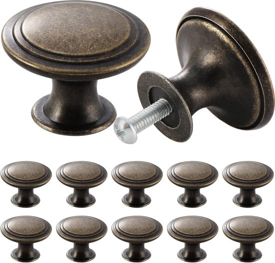 Boutons d'armoire antiques en bronze Vintage , boutons de porte de meubles ronds de 30 mm, paquet de 12