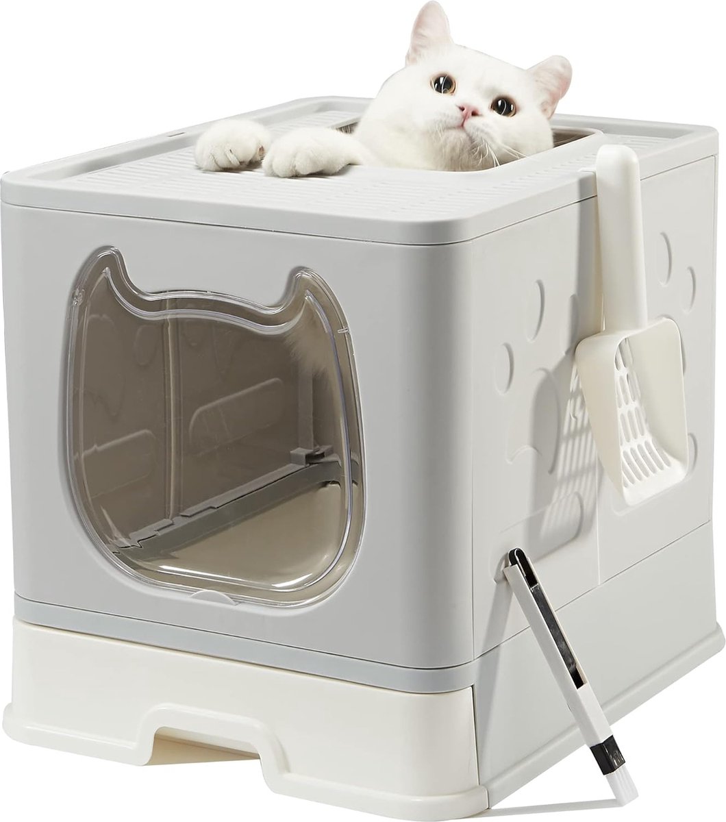 Kattenbak, opvouwbare kattenbak met deksel, huisdiertoilet inclusief schep en schone borstel, gemakkelijk schoon te maken kattenbak, grijs