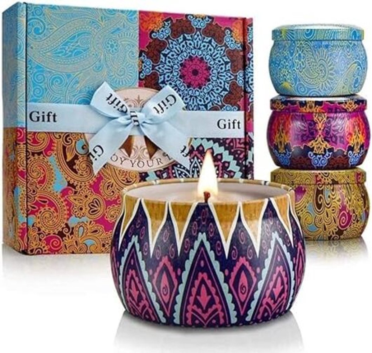 Goedkoopste Geurkaarsen Geschenken voor vrouwen, draagbare Tin Gift Set van 4 Pack, soja wax met essentiële oliën, mediterrane vijg, citroen, lente, lavendel voor luchtreiniging en aromatherapie ontspanning