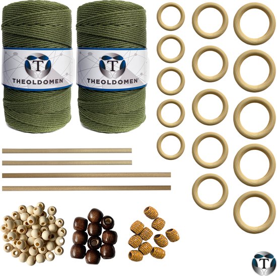 XXL Macramé Pakket | 400 METER | Incl. Handleiding | Olijfgroen | Starter Set | Ringen | Kralen | Stokken | Macramé Touw | 3mm | 100% Katoen | Macramé | Decoratie | DIY | Doe Het Zelf | Wandkleed | Dromenvanger | Plantenhanger | Tassen | TheOldOmen