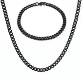 Ketting + Armband Set - Cuban Link Dikke Schakel - Zwart - 7mm - Kettingen Armbanden Sieraden Set Heren - Cadeau voor Man