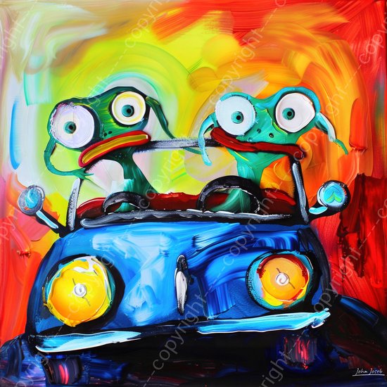 JJ-Art (Aluminium) 100x100 | Kikkers in de auto, humor, Herman Brood stijl, abstract, kunst | dier, kikker vierkant, blauw, rood, geel, oranje, modern | foto-schilderij op dibond, metaal wanddecoratie