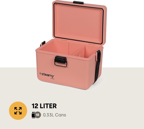 Steamy Classy 12 - Kleine Koelbox incl. divider/ snijplank met Schouderband - 12 Liter - Salmon Pink van Steamy — afbeelding 4