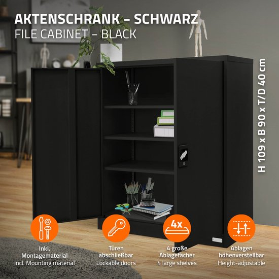 tectake Archiefkast met 3 planken 90x40x90 cm - Grijs Staal