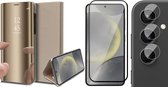 Hoesje geschikt voor Samsung Galaxy S24 Plus - Screenprotector Volledig Dekkend Glas & Camera - Spiegel Book Case Goud