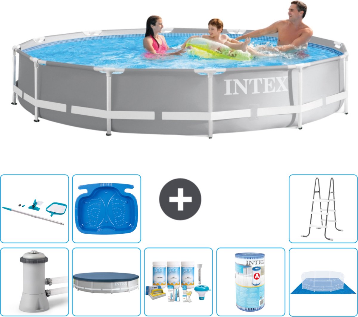Intex Rond Prism Frame Zwembad - 366 x 76 cm - Grijs - Inclusief Pomp - Afdekzeil - Onderhoudspakket - Filter - Grondzeil - Schoonmaakset - Ladder - Voetenbad - 9-delig