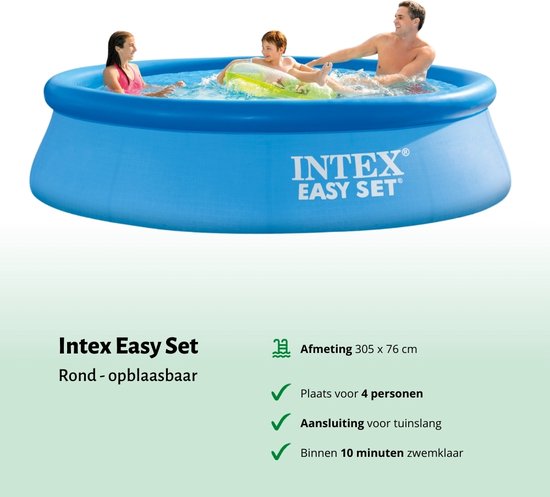 Intex Rond Opblaasbaar Easy Set Zwembad - 305 x 76 cm - Blauw - Inclusief Pomp Solarzeil - Onderhoudspakket - Filter - Schoonmaakset