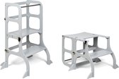 Ette Tete Step 'n Sit - Leertoren - Grijs met zilveren clips - Inklapbaar tot tafel en stoel - Met extra support - Learning Tower - Montessori inspired - Keukentrap - Keukenhulp - Leerstoel - Veilig -Duurzaam