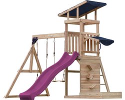 AXI Malik Speeltoestel met Dubbele Schommel Bruin – Paarse Glijbaan – Zandbak en Speelwand - FSC hout - Speelhuis op palen voor de tuin