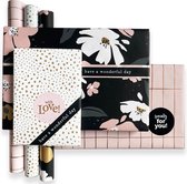 Luxe Inpakpapier Zwart , Roze & Wit (30x200cm) - 14-delige inpakset - Dubbelzijdig bedrukt - Met cadeaulint en cadeaustickers