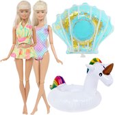 Poppenkleertjes - Geschikt voor Barbie - Set van 2 badkleding outfits en 2 zwembanden - Bikini, badpak, opblaasfiguren - Zomer -Cadeauverpakking