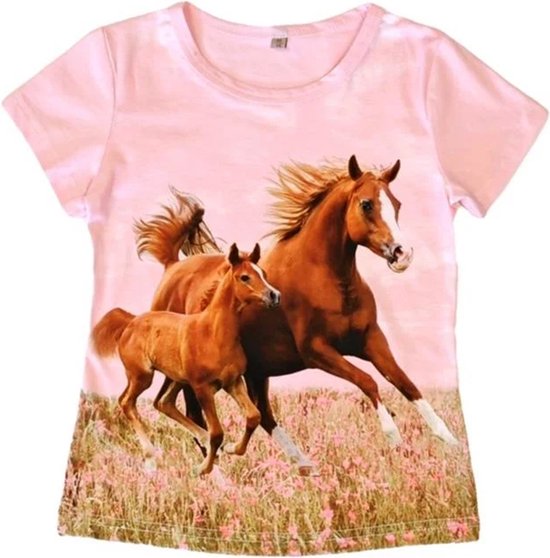 T-shirt met paarden, roze, full colour print, kids, kinder, horses, mooie kwaliteit!