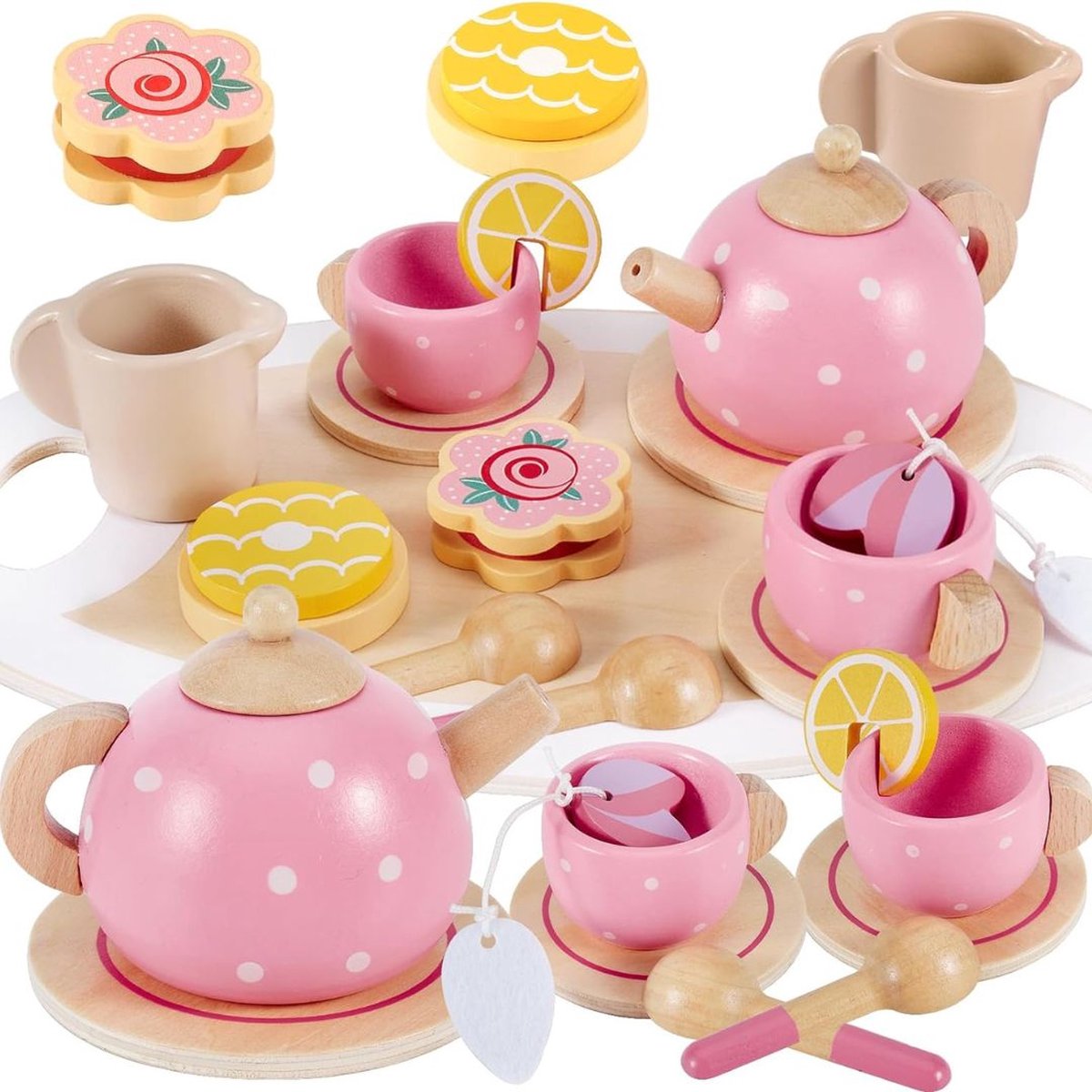 Dailysupplies Theeservies Speelgoed voor Kinderen Kinderspeelgoed 1 2 3 Jaar en Ouder Meisjes en Jongens Roze met Houten Set