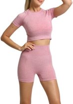 Jumada's - Sport outfit - Crop top met korte mouwen - High waist korte legging - Naadloos - Squatproof - Roze - M