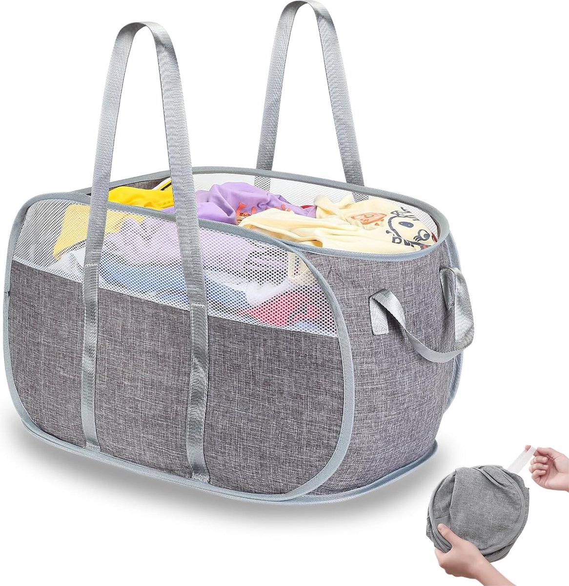 Goedkoopste Opvouwbare wasmand, grote opvouwbare wasmand van gaas, draagbare grote wasmand, pop-up waszak draagbaar met twee handvatten voor badkamer slaapkamer (grijs